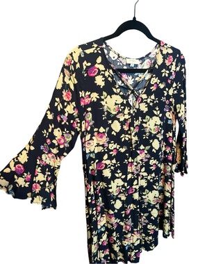 Umgee Black Floral Lace-Up Tunic with Yellow & Pink Accents (001)